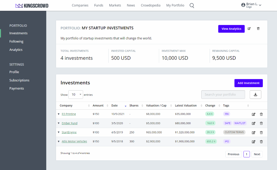 KingsCrowd Portfolio Tracker Screenshot